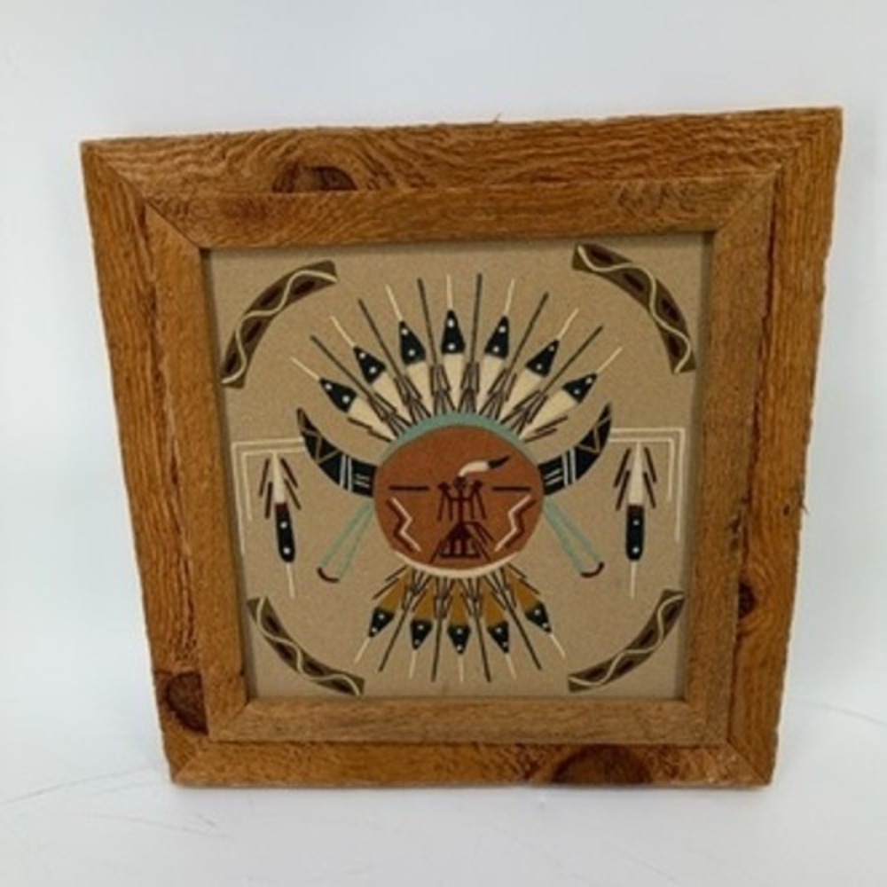 Navajo Sand Painting Sun Shield by Susie Rustic Framed Southwest Wall Art 12.5in